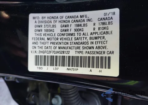 2018 Honda Civic Ex from USA, damaged, VIN 2HGFC2F70JH528122